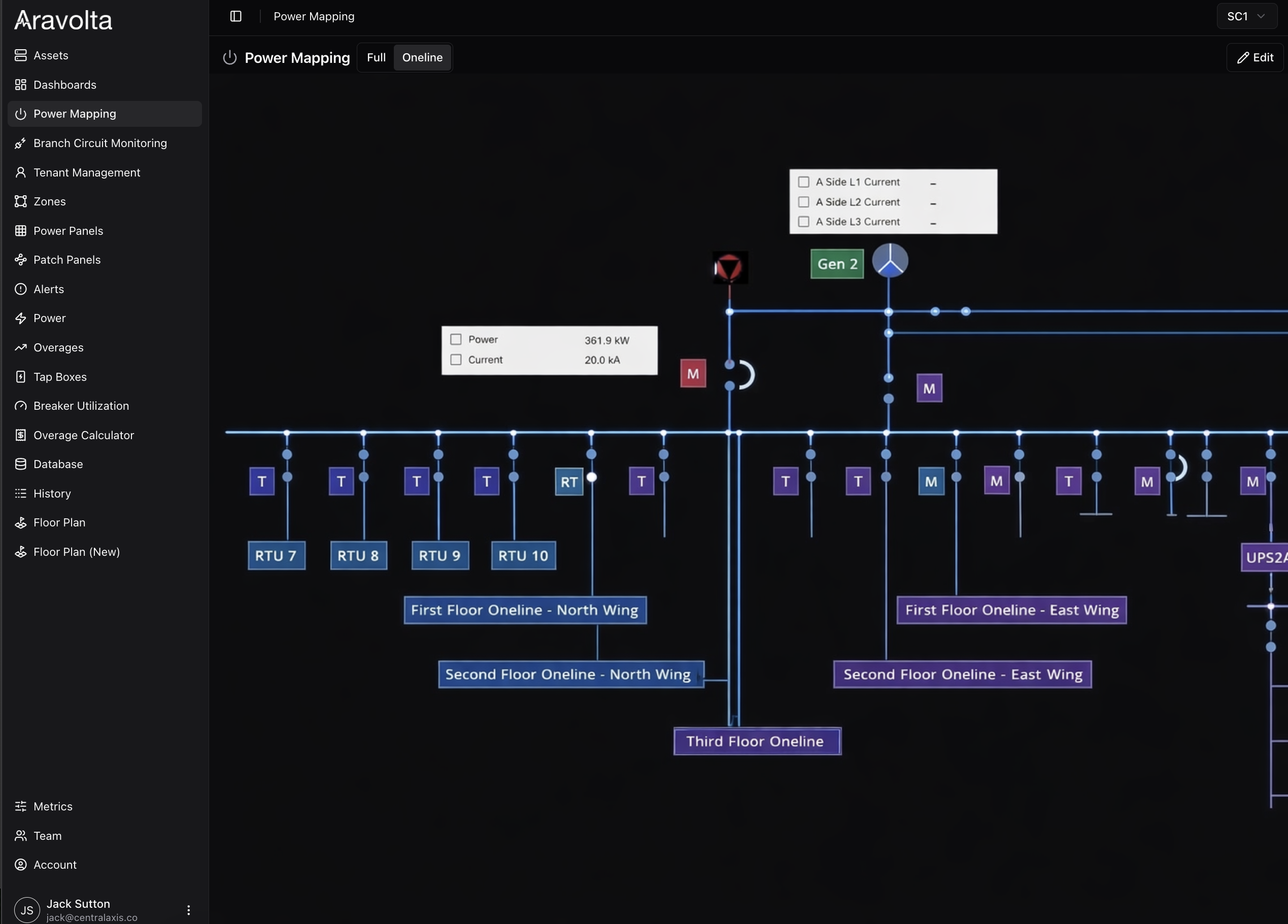 Aravolta EPMS: one-line power mapping diagram with breakers, generators, and transformers
