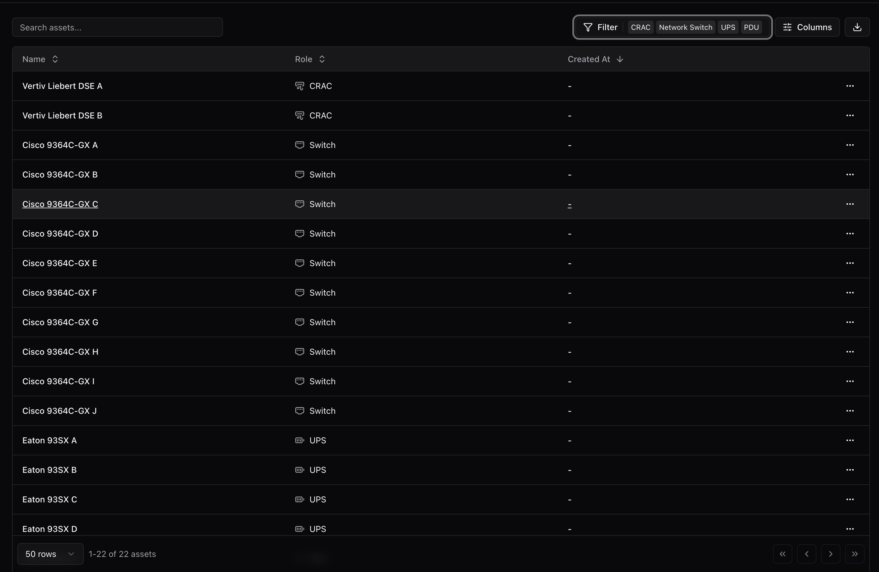 Aravolta SCADA: asset inventory showing Vertiv Liebert CRACs, Cisco switches, and Eaton UPS systems with filtering