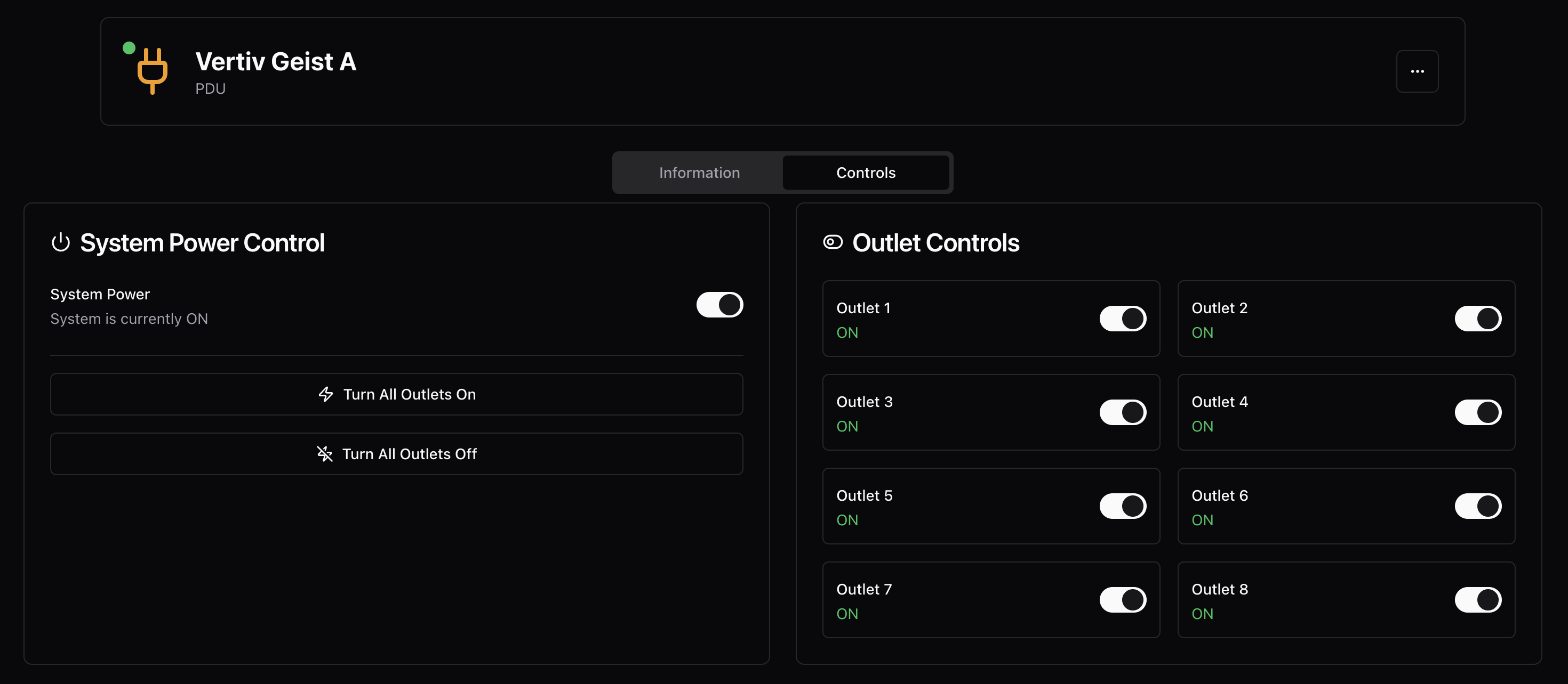 Aravolta SCADA: Vertiv Geist PDU remote control with per-outlet power toggling and system power management